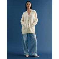 V-Neck Button Front Longline Cardigan with Wool