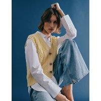 Pure Cotton Cable Knit V-Neck Button Through Knitted Vest