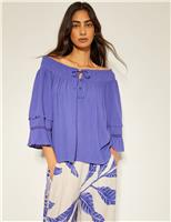 Monsoon Smocked Detail Off The Shoulder Top Blue