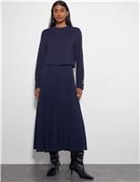Monsoon Round Neck Pleated Midi Dress Navy