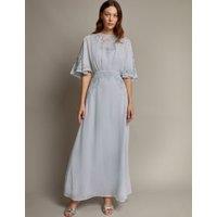 Embroidered Angel Sleeve Maxi Waisted Dress