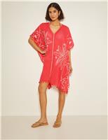 Monsoon Pure Cotton Tassel Beach Cover Up Kaftan Pink Mix