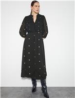 Monsoon Embroidered Tie Neck Midi Skater Dress Black Mix