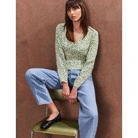 Ditsy Floral V-Neck Shirred Pintuck Blouse
