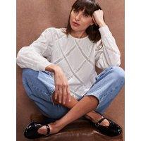 Pure Cotton Crew Neck Lace Insert Blouse