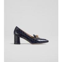 Leather Croc Trim Block Heel Court Shoes