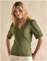 Joules Cotton-Rich V-Neck Button Detail Top Khaki