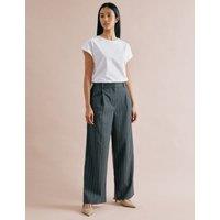 Pinstripe Pleat Front Wide Leg Trousers