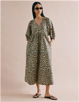 Pure Cotton Animal Print V-Neck Midi Skater Dress