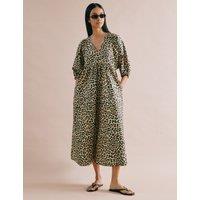 Albaray Pure Cotton Animal Print V-Neck Midi Skater Dress Brown Mix