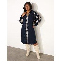 Embroidered Tie Neck Midi Smock Dress