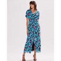 Floral V-Neck Frill Detail Midi Tea Dress