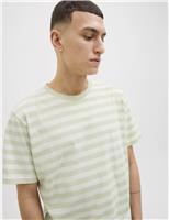 JACK & JONES Cotton Rich Striped Crew Neck T-Shirt Beige Mix