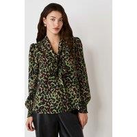 Finery London Crepe Animal Print Tie Neck Blouse Khaki Mix