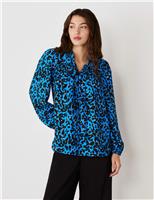 Crepe Animal Print Tie Neck Popover Blouse