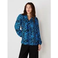 Finery London Crepe Animal Print Tie Neck Popover Blouse Blue Mix