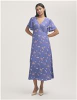 Floral V-Neck Angel Sleeve Midi Tea Dress