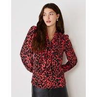 Crepe Animal Print Tie Neck Blouse