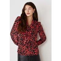 Finery London Crepe Animal Print Tie Neck Blouse Orange Mix