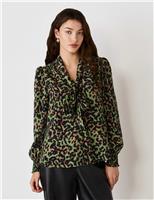 Crepe Animal Print Tie Neck Blouse