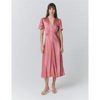 Ghost Satin V-Neck Angel Sleeve Midi Tea Dress Pink
