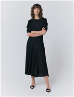 Crepe Round Neck Puff Sleeve Midi Tea Dress