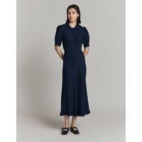 Ghost Crepe Puff Sleeve Midi Tea Dress Navy