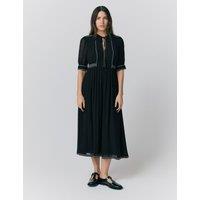 Embroidered Tie Neck Midi Smock Dress