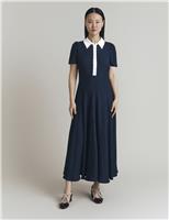 Satin Contrast Collar Midi Shirt Dress