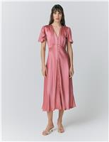 Satin V-Neck Angel Sleeve Midi Tea Dress