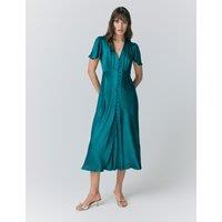Ghost Satin V-Neck Angel Sleeve Midi Tea Dress Green