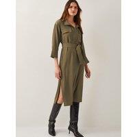 Collared Belted Midi Cargo Shirt Dress
