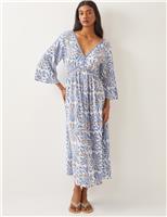 Textured Woodblock V-Neck Midi Skater Dress