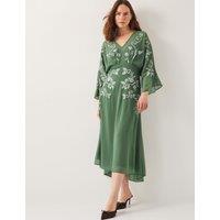Embroidered V-Neck Midi Tea Dress