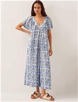Monsoon Printed V-Neck Wide Leg Jumpsuit Blue
