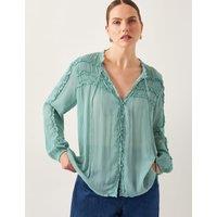 Tie Neck Button Through Ruffle Blouse