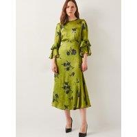 Satin Printed Keyhole Midi Tea Dress