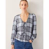 Checked V-Neck Tie Front Puff Sleeve Blouse