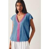 Jersey Embroidered V-Neck Cap Sleeve Top