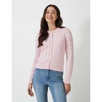 Crew Clothing Pure Cotton Cable Knit Crew Neck Cardigan Light Pink