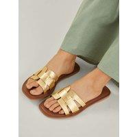 Wide Fit Leather Metallic Flat Sliders