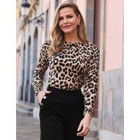 SOSANDAR Animal Print Crew Neck Button Detail Jumper Brown Mix