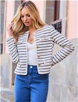 SOSANDAR Boucl Striped Collarless Jacket Ivory Mix