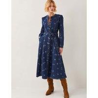 Monsoon Lulu Daisy Cotton Rich Midi Shirt Dress Dark Blue Denim