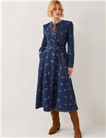 Monsoon Lulu Daisy Cotton Rich Midi Shirt Dress Dark Blue Denim