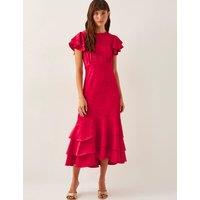 Satin Round Neck Ruffle Midi Waisted Dress
