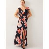 Chiffon Floral V-Neck Ruffle Maxi Skater Dress