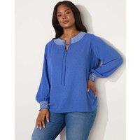 Embroidered Collared Tie Front Shirred Blouse