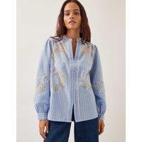 Pure Cotton Striped Lace Insert Blouse