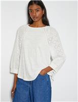 Monsoon Pure Cotton Broderie Sleeve Top Ivory